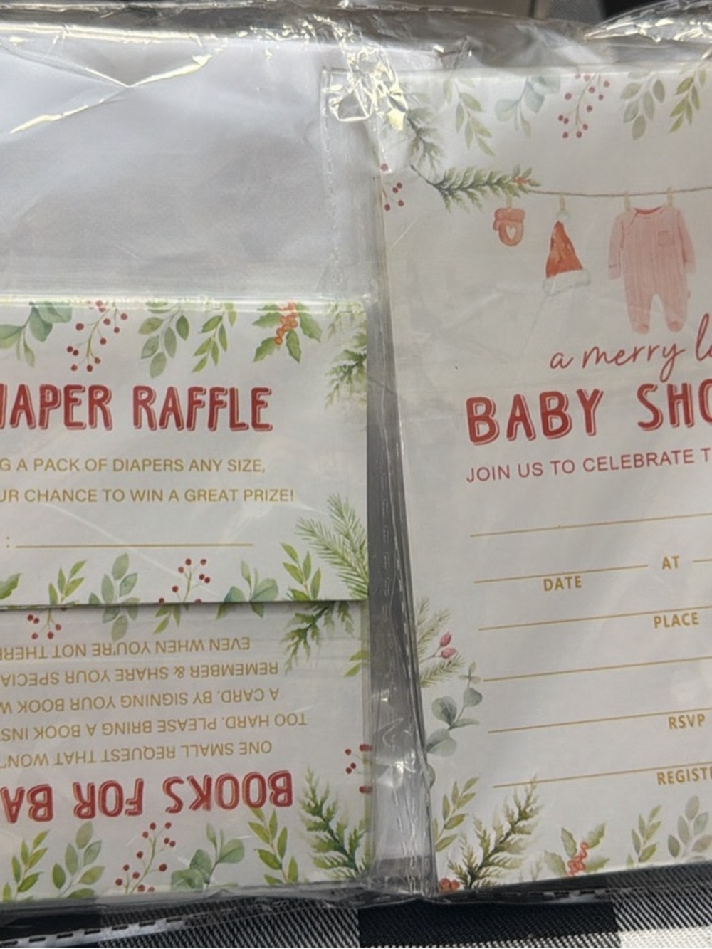 Baby Shower Invitation & Diaper Raffle Cards - Holiday Greenery